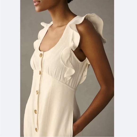 Anthropologie Pilcro Cream Ruffle Button-Front Dress – Size 10P Petite​​ - Picture 3 of 10
